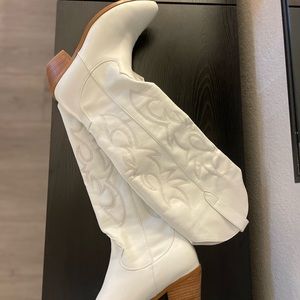 Above the knee, white, cowboy boots